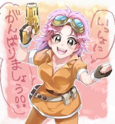 Rule 34 | 1girl, breasts, brown eyes, cleavage, dragon quest, dragon quest dai no daibouken, fingerless gloves, gloves, gun, holding, holding gun, holding weapon, looking at viewer, maam, medium breasts, open mouth, pink hair, short hair, skirt, smile, solo, weapon