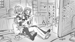 Rule 34 | 10s, 2girls, barefoot, blush, controller, couple, cup, greyscale, hand on another&#039;s stomach, hug, hug from behind, kantai collection, long hair, monochrome, multiple girls, musical note, on floor, pantyhose, pillow, ponytail, remote control, samidare (kancolle), sitting, sketch, sweat, tsuta no ha, watching, yuri, yuubari (kancolle)