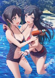 Rule 34 | 2girls, :d, beach umbrella, bikini, bikini shorts, black hair, breasts, cleavage, collarbone, commentary request, day, double bun, green eyes, grey eyes, hair bun, highres, holding, holding water gun, large breasts, looking at another, looking at viewer, love live!, love live! nijigasaki high school idol club, medium breasts, multicolored hair, multiple girls, one-piece swimsuit, open mouth, outdoors, playing, polka dot, polka dot swimsuit, pool, scrunchie, shamakho, shorts, smile, strap gap, streaked hair, suspender shorts, suspenders, swimsuit, table, takasaki yu, thighs, twintails, umbrella, wading, water, water gun, wrist scrunchie, yuki setsuna (love live!)