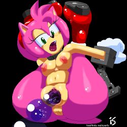 Rule 34 | 1girl, amy rose, animal ears, animal nose, anus, artist name, ass, bdsm, black background, body fur, bondage, boots, bound, bound wrists, breasts, bubble, chain, clitoral hood, clitoris, collar, cuffs, female focus, furaffinity username, furry, furry female, green eyes, hairband, half-closed eyes, jaggy lines, knee boots, legs up, looking down, medium breasts, navel, nipples, no lineart, nude, oekaki, open mouth, pink fur, pink hair, pussy, red footwear, red hairband, rockthebull, shackles, shiny skin, short hair, sidelocks, signature, simple background, slime (substance), solo, sonic (series), spread legs, spread pussy, stomach, tail, teeth, thick thighs, thighs, tongue, uncensored, urethra, uvula, vaginal, watermark, web address