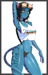 Rule 34 | 1girl, alien, alternate breast size, animal ears, animal nose, arm behind head, arm up, armpits, avatar: the way of water, bikini, black bikini, black border, black choker, black hair, blue nails, blue skin, blue tail, body markings, border, braid, braided ponytail, breasts, brown-tinted eyewear, cat ears, choker, clothes writing, colored skin, commentary, contrapposto, cowboy shot, crop top, crop top overhang, english commentary, eyewear on head, facial mark, fingernails, hair tubes, highres, james cameron&#039;s avatar, james cameron's avatar, jewelry, kiri (avatar), long hair, long tail, looking at viewer, medium breasts, minicop2001, na&#039;vi, navel, navel piercing, necklace, outside border, paid reward available, piercing, rimless eyewear, solo, standing, sunglasses, swimsuit, tail, tall female, tank top, thick thighs, thighs, tinted eyewear, tooth necklace, white background, white tank top, yellow eyes