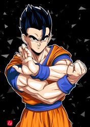 Rule 34 | 1boy, black eyes, black hair, chris re5, clenched hand, dougi, dragon ball, dragonball z, fighting stance, highres, male focus, muscular, outline, serious, signature, solo, son gohan, spiked hair, triangle, upper body, wristband