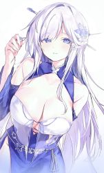 Rule 34 | 1girl, absurdres, blue eyes, braid, breast curtains, breasts, cleavage, commission, detached sleeves, dress, dutch angle, eyebrows hidden by hair, flower, hair flower, hair ornament, hair stick, highres, irohatomo, large breasts, lenhee (kaito), light purple hair, long dress, long hair, looking at viewer, mole, mole under eye, no panties, original, parted lips, pixiv commission, side slit, sidelocks, simple background, solo, very long hair, white background