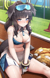 Rule 34 | 1girl, absurdres, animal ears, bare shoulders, black hair, blue archive, blue eyes, blush, breasts, cheerleader, cleavage, commentary, crop top, dog ears, dog girl, dog tail, doyoon 7, eyewear on head, goggles, goggles on head, halo, hibiki (blue archive), hibiki (cheer squad) (blue archive), highres, long hair, looking at viewer, medium breasts, millennium cheerleader outfit (blue archive), navel, official alternate costume, pom pom (cheerleading), skirt, solo, sticker on face, sweat, tail