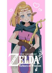 1girl absurdres blonde_hair blue_eyes blush breasts dress gloves gold_circlet hair_ornament hanaberin heart highres jewelry long_hair looking_at_viewer nintendo open_mouth pointy_ears princess_zelda sidelocks smile solo the_legend_of_zelda the_legend_of_zelda:_echoes_of_wisdom tri_rod