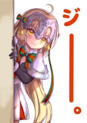 Rule 34 | 1girl, 3:, 3:&lt;, ahoge, bell, black gloves, blonde hair, blush, bow, capelet, christmas, closed mouth, fate/apocrypha, fate/grand order, fate (series), gloves, hair bow, jeanne d&#039;arc alter (fate), jeanne d&#039;arc (fate), jeanne d&#039;arc alter santa lily (fate), jingle bell, kelinch1, long hair, peeking out, simple background, skirt, solo, sound effects, striped, striped bow, twitter username, v-shaped eyebrows, very long hair, white background, white skirt, yellow eyes