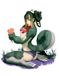Rule 34 | 1girl, ahoge, animal hands, ass, blonde hair, blunt bangs, boned meat, breasts, claws, colored skin, commentary, commission, crocodilian tail, cutoffs, denim, denim shorts, double bun, doughnut hair bun, eating, english commentary, food, from behind, full body, gradient hair, green hair, green skin, green tail, hair bun, highres, holding, holding food, large breasts, long hair, looking at viewer, materclaws, meat, micro shorts, monster girl, multicolored hair, multicolored skin, original, reptile girl, scales, shorts, simple background, sitting, slit pupils, solo, streaked hair, tail, topless, two-tone hair, two-tone skin, wariza, white background, yellow eyes, yellow skin