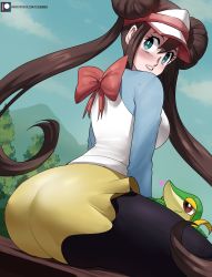 Rule 34 | 1girl, absurdres, aged up, ass, black pantyhose, blue eyes, blue sky, blush, bow, breasts, brown hair, collarbone, commentary, creatures (company), double bun, echo saber, game freak, gen 5 pokemon, hair bun, heart, highres, long hair, looking back, nintendo, outdoors, pantyhose, pantyhose under shorts, parted lips, pokemon, pokemon (creature), pokemon bw2, raglan sleeves, red bow, rosa (pokemon), shorts, sitting, sky, snivy, tree, twintails, visor cap, yellow shorts