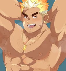 Rule 34 | 1boy, abs, aqua background, armpits, arms behind head, arms up, bandaid, bandaid on cheek, bandaid on face, bara, blonde hair, blush, chest hair, commentary request, dark-skinned male, dark skin, dog tags, earrings, facial hair, facial scar, gradient hair, highres, jewelry, large pectorals, looking at viewer, male focus, multicolored hair, muscular, muscular male, naughty face, nipples, open mouth, orange hair, pectorals, red eyes, scar, scar on cheek, scar on face, scar on forehead, shirotoki (qdng0atngbaqmce), short hair, sideburns, single earring, smile, smoke, solo, teeth, thick eyebrows, tokyo houkago summoners, ulaanbaatar (housamo), upper body, wet