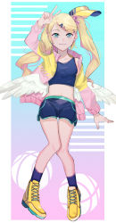Rule 34 | 1girl, arm up, blonde hair, blue eyes, blue shirt, blue shorts, blue socks, breasts, cardigan, feathered wings, full body, gina 61324, hair ornament, kneehighs, long hair, long sleeves, looking at viewer, midriff, navel, open cardigan, open clothes, original, pink cardigan, shirt, shoes, short shorts, shorts, small breasts, sneakers, socks, solo, stomach, swept bangs, tank top, thigh gap, twintails, v, very long hair, white wings, wings, yellow footwear