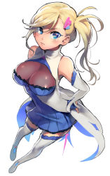 Rule 34 | 10s, 1girl, asymmetrical hair, bare shoulders, blonde hair, blue eyes, blush, breasts, cleavage, collared dress, detached sleeves, dress, foreshortening, from above, frown, full body, hair ornament, hairclip, hand on own hip, highres, large breasts, long hair, looking at viewer, mebaru, minerva (re:zero), multicolored clothes, multicolored dress, re:zero kara hajimeru isekai seikatsu, short dress, side ponytail, sleeves past wrists, solo, standing, thighhighs, white background, white thighhighs