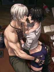 Rule 34 | 1boy, 1girl, ass, ass grab, bike shorts, black gloves, black hair, book, bottle, breasts, brown gloves, carpet, cleavage, collarbone, cropped, dante (devil may cry), devil may cry (series), devil may cry 3, eye contact, fingernails, gloves, hetero, imminent kiss, jewelry, lady (devil may cry), looking at another, necklace, open book, ozkh, parted lips, phone, scar, scar on face, scar on nose, topless male, short hair, sitting, smile, soda bottle, table, thigh strap, white background, white hair