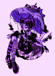 Rule 34 | 1girl, arthropod girl, boots, bow, colored skin, extra arms, extra eyes, gloves, goth fashion, gothic fashion, gothic lolita, high heel boots, high heels, insect girl, lolita fashion, muffet, purple hair, purple skin, ribbon, solo, spider girl, thighhighs, twintails, umbrella, undertale