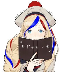 Rule 34 | 1girl, bad id, bad twitter id, beret, blonde hair, blue eyes, blue hair, book, commandant teste (kancolle), dated, hair ornament, hat, holding, holding book, jacket, kantai collection, long hair, long sleeves, looking at viewer, multicolored hair, neko (ganecooo), one-hour drawing challenge, open book, pom pom (clothes), red hair, simple background, solo, streaked hair, translated, white background