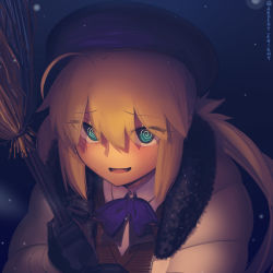 Rule 34 | 1girl, @ @, artoria caster (fate), artoria caster (second ascension) (fate), artoria pendragon (fate), beret, black hat, blonde hair, blush, boa (brianoa), breasts, fate/grand order, fate (series), fur collar, green eyes, hat, highres, jacket, long hair, long sleeves, looking at viewer, open mouth, small breasts, smile, solo, twintails, white jacket