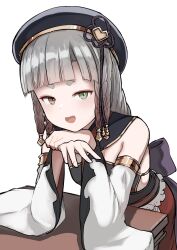 Rule 34 | 1girl, bare shoulders, beret, black hat, braid, breasts, closed mouth, covered navel, detached sleeves, erune, eyeliner, granblue fantasy, hat, highres, long hair, looking at viewer, makeup, multiple braids, nosuku, open mouth, pholia, quad braids, short eyebrows, side braids, sideless outfit, small breasts, smile, solo, very long hair, wide sleeves