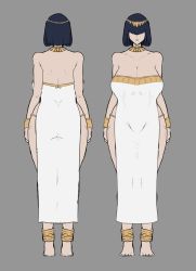 Rule 34 | 1girl, ass, bare shoulders, barefoot, black hair, breasts, character sheet, curvy, dress, egyptian, fujou joshi, hidden eyes, jewelry, large breasts, lipstick, makeup, multiple views, necklace, pelvic curtain, short hair, simple background, thick thighs, thighs, thong