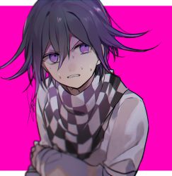 Rule 34 | 1boy, blurry, blurry foreground, checkered clothes, checkered neckwear, checkered scarf, clenched teeth, commentary request, danganronpa (series), danganronpa v3: killing harmony, depth of field, grey jacket, hair between eyes, highres, huyuharu0214, jacket, letterboxed, long sleeves, looking at viewer, male focus, medium hair, oma kokichi, purple eyes, purple hair, scarf, signature, simple background, solo, straitjacket, sweat, teeth, upper body
