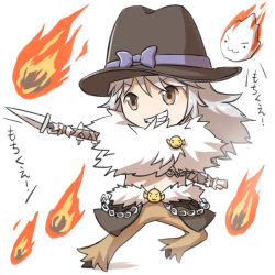Rule 34 | 1boy, :3, black footwear, black hat, blue bow, bow, brown cape, brown eyes, brown jacket, brown pants, cape, chain, chibi, commentary request, dagger, fire, full body, fur collar, gameplay mechanics, grin, hat, hat bow, holding, holding dagger, holding knife, holding weapon, jacket, knife, long hair, looking at viewer, magic, male focus, meteor, natsuya (kuttuki), pants, ragnarok online, shadow chaser (ragnarok online), shoes, shrug (clothing), simple background, smile, smiley face, solo, translation request, waist cape, weapon, white background
