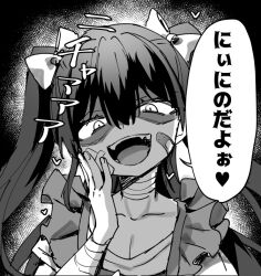 Rule 34 | 1boy, bandages, bandaid, bandaid on face, iq2coore, looking at viewer, male focus, monochrome, open mouth, original, shaded face, solo, speech bubble, tagme, trap, twintails, yandere
