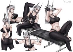 Rule 34 | 1girl, abs, absurdres, alternate hairstyle, arknights, arm warmers, ass, back, bare shoulders, bench, black arm warmers, black pants, black sports bra, black wristband, breasts, cleavage, collarbone, demon horns, dumbbell, exercising, from behind, from side, grey hair, highres, horns, kafu (kafu6416), large breasts, legs up, long hair, looking at viewer, mudrock (arknights), multiple views, muscular, muscular female, on bench, pants, pointy ears, ponytail, red eyes, simple background, single arm warmer, sitting, sports bra, standing, stirrup legwear, sweat, toeless legwear, weightlifting, white background