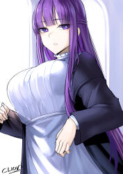 Rule 34 | 1girl, black coat, blunt bangs, blush, breasts, bright pupils, cliov, coat, dress, fern (sousou no frieren), highres, large breasts, long hair, long sleeves, looking at viewer, open clothes, open coat, purple eyes, purple hair, sidelocks, solo, sousou no frieren, white dress, white pupils