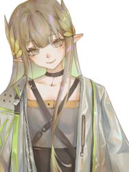 Rule 34 | 1girl, absurdres, arknights, black choker, blonde hair, blush, center-flap bangs, chinese commentary, choker, coat, collarbone, colored inner hair, commentary, grey coat, grey eyes, grey shirt, head tilt, highres, laurels, looking at viewer, mole, mole under eye, mriyak, muelsyse (arknights), multicolored hair, open clothes, open coat, pointy ears, shirt, simple background, smile, solo, straight-on, upper body, white background