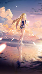 Rule 34 | absurdres, ass, beach, blonde hair, blue eyes, breasts, highres, kofune ushio, legs, long hair, looking at viewer, looking back, one-piece swimsuit, small breasts, standing, stardust (chen&#039;ai weiding), summertime render, swimsuit, thighs, very long hair