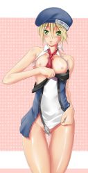 Rule 34 | 1girl, arc system works, bad id, bad pixiv id, beret, blazblue, blonde hair, blush, breasts, censored, convenient censoring, green eyes, hat, highres, necktie, nipples, no panties, noel vermillion, open clothes, open shirt, shirt, solo, thigh gap, thighs, yamamoto senko