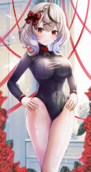 Rule 34 | 1girl, :/, absurdres, black hair, black leotard, black sweater, bow, braid, breasts, closed mouth, collar, covered navel, ear piercing, earrings, flower, furrowed brow, grey hair, hair bow, hands on own hips, heart pendant, highres, hololive, jewelry, large breasts, leotard, leotard sweater, medium hair, multicolored hair, multiple earrings, no pants, piercing, plaid, plaid bow, red collar, red eyes, red flower, red ribbon, red rose, revision, ribbon, rose, sakamata chloe, solo, streaked hair, sweater, turtleneck, heattech leotard, turtleneck sweater, two-tone hair, virtual youtuber, wajuniorbox, wavy mouth, wristband