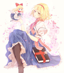 Rule 34 | 1girl, alice margatroid, blonde hair, blue dress, book, bow, bowtie, capelet, commentary request, doll, dress, flower, hair bow, hairband, hand up, head tilt, holding, holding flower, knees up, konnyaku (yuukachan 51), long hair, parted lips, petals, petticoat, pink flower, puffy short sleeves, puffy sleeves, red bow, red hairband, red neckwear, shanghai doll, short hair, short sleeves, simple background, sitting, touhou, white background, white capelet, yellow eyes