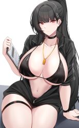 Rule 34 | 1girl, absurdres, alternate costume, bikini, black bikini, black hair, blue archive, blunt bangs, breasts, choker, closed mouth, collarbone, hair ornament, hairclip, highres, huge breasts, jacket, kanta (kanta 077), long hair, looking at viewer, navel, partially unzipped, ponytail, red eyes, rio (blue archive), sideboob, solo, stomach, swimsuit, tablet pc, thigh strap, thighs, track jacket, underboob, very long hair, watch, whistle, whistle around neck, wristwatch