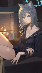 Rule 34 | 1girl, absurdres, animal ears, black jacket, blue archive, blue eyes, blue halo, blush, breasts, cleavage, closed mouth, cup, fire, grey hair, hair between eyes, halo, highres, jacket, kji (rozo), long sleeves, medium breasts, medium hair, mismatched pupils, shiroko (blue archive), sitting, solo, wolf ears