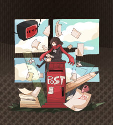 Rule 34 | 1girl, brown background, brown hair, cable, closed eyes, cloud, cloudy sky, crt, envelope, hair ornament, hairclip, kagerou project, letter, nine usagi, origami, paper, paper crane, pencil, postbox, red scarf, ruler, scarf, short hair, sitting, sky, tateyama ayano, television, test score, window