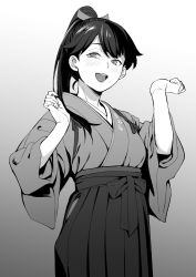Rule 34 | 1girl, commentary request, cowboy shot, gradient background, greyscale, hakama, hakama skirt, highres, houshou (kancolle), japanese clothes, kantai collection, looking at viewer, monochrome, ponytail, shingyou (alexander-13), skirt, smile, solo, standing, tasuki