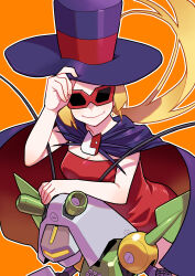 adjusting_clothes adjusting_headwear akita_kirara black_hat blonde_hair breasts dress eye_mask god-emperor_(medarot) hanehitsuji_(hitsuzibane) hat highres lady_retort long_hair looking_at_viewer medarot medium_breasts orange_background purple_dress red_dress simple_background smile