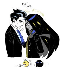 Rule 34 | 1boy, 1girl, black eyes, black hair, black jacket, blue gloves, buttons, closed mouth, collared shirt, commentary request, creatures (company), dede (qwea 00000), food, from side, game freak, geeta (pokemon), gloves, grey hair, hand up, jacket, korean text, larry (pokemon), long hair, long sleeves, multicolored hair, neck ribbon, necktie, nintendo, onigiri, pac-man (game), pokemon, pokemon sv, ribbon, shirt, short hair, translation request, two-tone hair, white background, yellow ribbon
