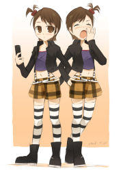 Rule 34 | 00s, boots, cellphone, futami ami, futami mami, hair bobbles, hair ornament, idolmaster, idolmaster (classic), jacket, noripachi, phone, punkish gothic, siblings, sisters, striped clothes, striped legwear, striped thighhighs, suspenders, thighhighs, twins, yawning