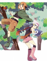 2girls :d bare_arms beanie belt black_socks blue_eyes blue_hair boots brown_hair brown_shorts cloak closed_mouth commentary_request creatures_(company) crop_top cropped_shirt cross-laced_footwear dawn_(pokemon) duplicate full_body game_freak gardenia_(pokemon) gen_4_pokemon green_footwear hat headband knee_boots kneehighs lace-up_boots letterboxed long_hair long_sleeves looking_at_viewer midriff mizuki_(31ten) multiple_girls navel nintendo open_mouth outside_border pink_footwear pink_skirt piplup poke_ball poke_ball_(basic) pokemon pokemon_(creature) pokemon_dppt red_eyes red_scarf scarf shorts skirt sleeveless smile socks standing tree white_hat