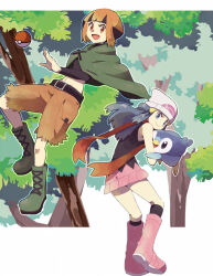 Rule 34 | 2girls, :d, bare arms, beanie, belt, black socks, blue eyes, blue hair, boots, brown hair, brown shorts, cloak, closed mouth, commentary request, creatures (company), crop top, cropped shirt, cross-laced footwear, dawn (pokemon), duplicate, full body, game freak, gardenia (pokemon), gen 4 pokemon, green footwear, hat, headband, knee boots, kneehighs, lace-up boots, letterboxed, long hair, long sleeves, looking at viewer, midriff, mizuki (31ten), multiple girls, navel, nintendo, open mouth, outside border, pink footwear, pink skirt, piplup, poke ball, poke ball (basic), pokemon, pokemon (creature), pokemon dppt, red eyes, red scarf, scarf, shorts, skirt, sleeveless, smile, socks, standing, tree, white hat