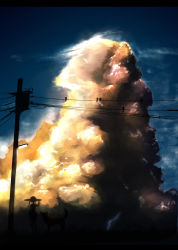 Rule 34 | 1girl, bird, cloud, cumulonimbus cloud, dog, hat, lamppost, lightning, onibi (foxhound4185), original, power lines, silhouette, sky