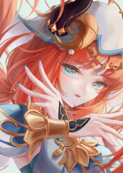 1girl absurdres black_horns blue_eyes blue_nails commentary fake_horns genshin_impact gold_trim hands_up harem_outfit highres horns kns_hanazuna long_hair looking_at_viewer nilou_(genshin_impact) parted_lips portrait red_hair simple_background solo veil white_background white_veil