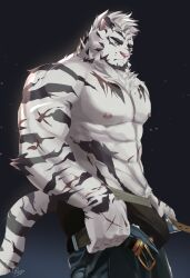 Rule 34 | 1boy, abs, alternate costume, animal ears, arknights, ass, bara, black male underwear, blue eyes, bulge, denim, dressing, facial hair, feet out of frame, from side, furry, furry male, goatee, highres, i&#039;ve never seen a guy recreate this successfully tbh (meme), jeans, large hands, large pectorals, male focus, male underwear, meme, mountain (arknights), muscular, muscular male, nipples, open pants, pants, pants lift, pectorals, plilitbluu, scar, scar across eye, scar on arm, short hair, solo, star (symbol), starry background, stomach, tail, thick eyebrows, tiger boy, tiger ears, tiger tail, topless male, undersized clothes, underwear, white fur, white hair