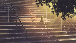 Rule 34 | 3d, black cat, blender (medium), blurry, blurry foreground, cat, commentary, depth of field, english commentary, evening, highres, looking at viewer, making-of available, mclelun, no humans, original, outdoors, photoshop (medium), railing, scenery, signature, sitting, stairs, sunset, tree