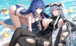 Rule 34 | 2girls, absurdres, all fours, ass, azur lane, bare shoulders, barefoot, bikini, black leotard, black pantyhose, blue bikini, blue eyes, blue hair, blush, breasts, cleavage, closed mouth, commentary, english commentary, enterprise (azur lane), enterprise (diving under blue skies) (azur lane), goggles, goggles on head, grey hair, helena (azur lane), helena (shimmering triangle wave) (azur lane), highres, jeze, large breasts, leotard, long hair, looking at viewer, lying, manjuu (azur lane), multiple girls, on back, outdoors, pantyhose, parted lips, purple eyes, scuba tank, swim goggles, swimsuit, thigh strap, thighs, water, wet