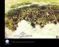 Rule 34 | 00s, abe yoshitoshi, artist name, bridge, building, bush, cloud, field, forest, from above, grass, haibane renmei, house, meadow, nature, no humans, outdoors, plant, river, road, scenery, street, tree, village, wallpaper, water
