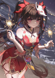 Rule 34 | 1girl, absurdres, bare shoulders, brown hair, dated, highres, holding, holding fireworks, honkai: star rail, honkai (series), looking at viewer, mingming8, outdoors, smile, solo, sparkle (honkai: star rail), twintails