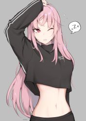 Rule 34 | 1girl, adidas, alternate costume, black shirt, blouse, commentary, cropped shirt, english commentary, grey background, hand on own head, highres, hololive, hololive english, long hair, long sleeves, looking to the side, midriff, milka (milk4ppl), mori calliope, narrow waist, navel, one eye closed, pink eyes, red eyes, shirt, simple background, solo, spoken zzz, very long hair, virtual youtuber, zzz