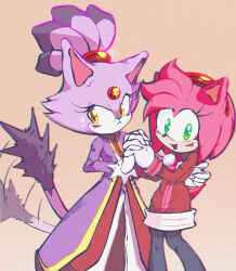 Rule 34 | 2girls, amy rose, animal ears, blaze the cat, brown jacket, cat ears, cat girl, cat tail, fang, forehead jewel, fur-trimmed footwear, fur trim, furry, furry female, gloves, green eyes, hairband, hedgehog girl, highres, holding hands, jacket, multiple girls, nano (nanolovesyou), pink fur, purple fur, purple jacket, red hairband, simple background, smile, sonic (series), sweatdrop, tail, tail wagging, topknot, white gloves, yellow eyes