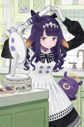 Rule 34 | 1girl, absurdres, apron, black dress, blush, commentary, cookie, dress, english commentary, food, gloves, highres, hololive, hololive english, long hair, mole, mole under eye, ninomae ina&#039;nis, ninomae ina&#039;nis (6th costume), ninomae ina&#039;nis (pastry chef), official alternate costume, pointy ears, purple eyes, purple hair, tabby ragtan, virtual youtuber